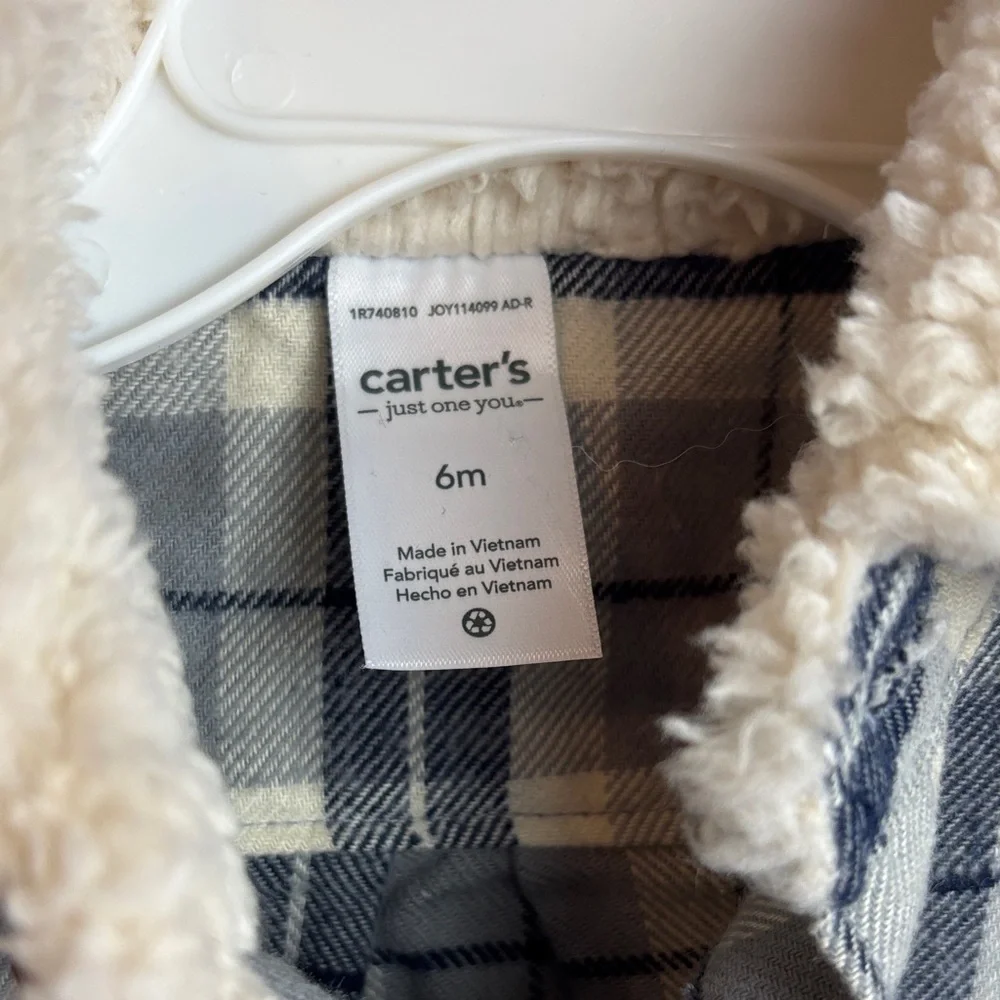 Carter's Blue and Cream Plaid Flannel Shirt with Fleece Collar